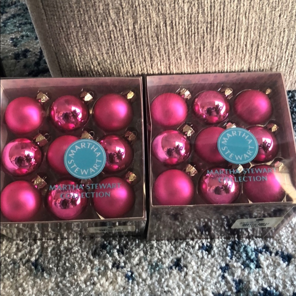 Found  - Two boxes of hot pink mini ornaments
